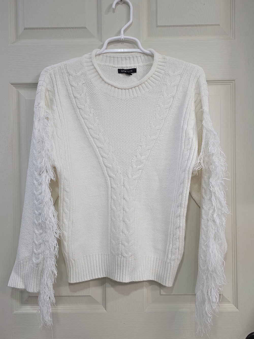 New Look White Cable Knit Sweater with Fringe Sleeves